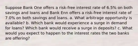 Suppose Bank One offers a​ risk-free interest rate of 6.5% on both savings and loans and Bank Enn offers a​ risk-free interest rate of 7.0% on both savings and loans. a. What arbitrage opportunity is​ available? b. Which bank would experience a surge in demand for​ loans? Which bank would receive a surge in​ deposits? c. What would you expect to happen to the interest rates the two banks are​ offering?