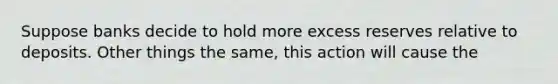 Suppose banks decide to hold more excess reserves relative to deposits. Other things the same, this action will cause the
