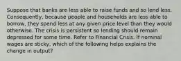 Suppose that banks are less able to raise funds and so lend less. Consequently, because people and households are less able to borrow, they spend less at any given price level than they would otherwise. The crisis is persistent so lending should remain depressed for some time. Refer to Financial Crisis. If nominal wages are sticky, which of the following helps explains the change in output?