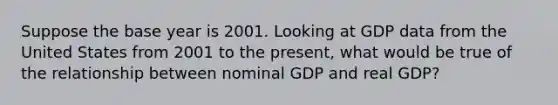 Suppose the base year is 2001. Looking at GDP data from the United States from 2001 to the​ present, what would be true of the relationship between nominal GDP and real GDP​?