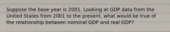 Suppose the base year is 2001. Looking at GDP data from the United States from 2001 to the​ present, what would be true of the relationship between nominal GDP and real GDP?