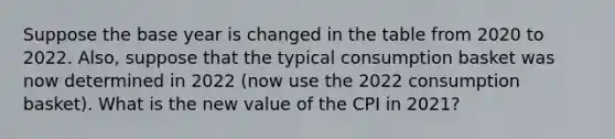 Suppose the base year is changed in the table from 2020 to 2022. Also, suppose that the typical consumption basket was now determined in 2022 (now use the 2022 consumption basket). What is the new value of the CPI in 2021?