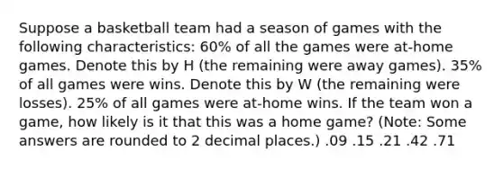 Suppose a basketball team had a season of games with the following characteristics: 60% of all the games were at-home games. Denote this by H (the remaining were away games). 35% of all games were wins. Denote this by W (the remaining were losses). 25% of all games were at-home wins. If the team won a game, how likely is it that this was a home game? (Note: Some answers are rounded to 2 decimal places.) .09 .15 .21 .42 .71