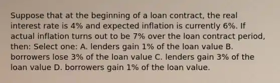 Suppose that at the beginning of a loan contract, the real interest rate is 4% and expected inflation is currently 6%. If actual inflation turns out to be 7% over the loan contract period, then: Select one: A. lenders gain 1% of the loan value B. borrowers lose 3% of the loan value C. lenders gain 3% of the loan value D. borrowers gain 1% of the loan value.