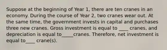 Suppose at the beginning of Year 1, there are ten cranes in an economy. During the course of Year 2, two cranes wear out. At the same time, the government invests in capital and purchases three new cranes. Gross investment is equal to ____ cranes, and depreciation is equal to_____cranes. Therefore, net investment is equal to____ crane(s).