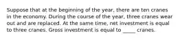 Suppose that at the beginning of the year, there are ten cranes in the economy. During the course of the year, three cranes wear out and are replaced. At the same time, net investment is equal to three cranes. Gross investment is equal to _____ cranes.