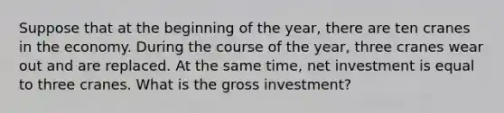 Suppose that at the beginning of the year, there are ten cranes in the economy. During the course of the year, three cranes wear out and are replaced. At the same time, net investment is equal to three cranes. What is the gross investment?