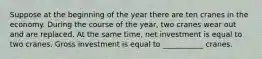 Suppose at the beginning of the year there are ten cranes in the economy. During the course of the year, two cranes wear out and are replaced. At the same time, net investment is equal to two cranes. Gross investment is equal to ___________ cranes.