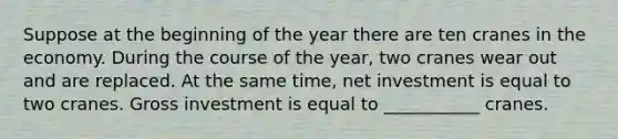 Suppose at the beginning of the year there are ten cranes in the economy. During the course of the year, two cranes wear out and are replaced. At the same time, net investment is equal to two cranes. Gross investment is equal to ___________ cranes.