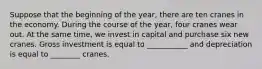 Suppose that the beginning of the year, there are ten cranes in the economy. During the course of the year, four cranes wear out. At the same time, we invest in capital and purchase six new cranes. Gross investment is equal to ___________ and depreciation is equal to ________ cranes.