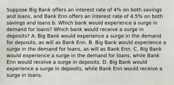 Suppose Big Bank offers an interest rate of 4% on both savings and loans, and Bank Enn offers an interest rate of 4.5% on both savings and loans b. Which bank would experience a surge in demand for loans? Which bank would receive a surge in deposits? A. Big Bank would experience a surge in the demand for deposits, as will as Bank Enn. B. Big Bank would experience a surge in the demand for loans, as will as Bank Enn. C. Big Bank would experience a surge in the demand for loans, while Bank Enn would receive a surge in deposits. D. Big Bank would experience a surge in deposits, while Bank Enn would receive a surge in loans.