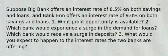 Suppose Big Bank offers an interest rate of 8.5​% on both savings and​ loans, and Bank Enn offers an interest rate of 9.0% on both savings and loans. 1. What profit opportunity is​ available? 2. Which bank would experience a surge in the demand for​ loans? Which bank would receive a surge in​ deposits? 3. What would you expect to happen to the interest rates the two banks are​ offering?