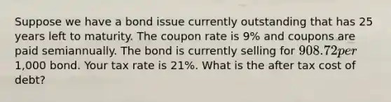 Suppose we have a bond issue currently outstanding that has 25 years left to maturity. The coupon rate is 9% and coupons are paid semiannually. The bond is currently selling for 908.72 per1,000 bond. Your tax rate is 21%. What is the after tax cost of debt?