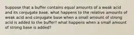 Suppose that a buffer contains equal amounts of a weak acid and its conjugate base. what happens to the relative amounts of weak acid and conjugate base when a small amount of strong acid is added to the buffer? what happens when a small amount of strong base is added?