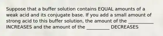 Suppose that a buffer solution contains EQUAL amounts of a weak acid and its conjugate base. If you add a small amount of strong acid to this buffer solution, the amount of the ___________ INCREASES and the amount of the __________ DECREASES