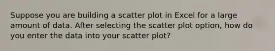 Suppose you are building a scatter plot in Excel for a large amount of data. After selecting the scatter plot option, how do you enter the data into your scatter plot?