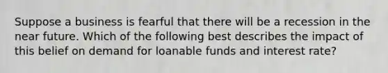 Suppose a business is fearful that there will be a recession in the near future. Which of the following best describes the impact of this belief on demand for loanable funds and interest rate?