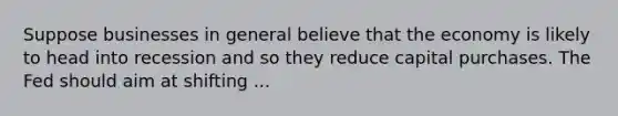 Suppose businesses in general believe that the economy is likely to head into recession and so they reduce capital purchases. The Fed should aim at shifting ...