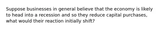 Suppose businesses in general believe that the economy is likely to head into a recession and so they reduce capital purchases, what would their reaction initially shift?