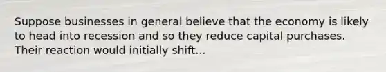 Suppose businesses in general believe that the economy is likely to head into recession and so they reduce capital purchases. Their reaction would initially shift...