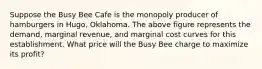 Suppose the Busy Bee Cafe is the monopoly producer of hamburgers in Hugo, Oklahoma. The above figure represents the demand, marginal revenue, and marginal cost curves for this establishment. What price will the Busy Bee charge to maximize its profit?