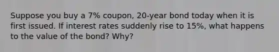 Suppose you buy a 7% coupon, 20-year bond today when it is first issued. If interest rates suddenly rise to 15%, what happens to the value of the bond? Why?