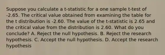 Suppose you calculate a t-statistic for a one sample t-test of -2.65. The critical value obtained from examining the table for the t distribution is -2.60. The value of the t-statistic is 2.65 and the critical value from the distribution is 2.60. What do you conclude? A. Reject the null hypothesis. B. Reject the research hypothesis. C. Accept the null hypothesis. D. Accept the research hypothesis