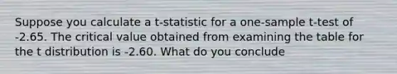 Suppose you calculate a t-statistic for a one-sample t-test of -2.65. The critical value obtained from examining the table for the t distribution is -2.60. What do you conclude