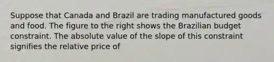 Suppose that Canada and Brazil are trading manufactured goods and food. The figure to the right shows the Brazilian budget constraint. The absolute value of the slope of this constraint signifies the relative price of