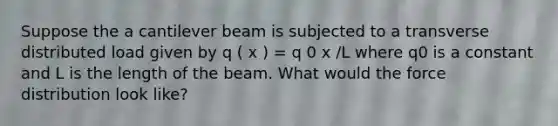 Suppose the a cantilever beam is subjected to a transverse distributed load given by q ( x ) = q 0 x /L where q0 is a constant and L is the length of the beam. What would the force distribution look like?