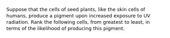 Suppose that the cells of seed plants, like the skin cells of humans, produce a pigment upon increased exposure to UV radiation. Rank the following cells, from greatest to least, in terms of the likelihood of producing this pigment.