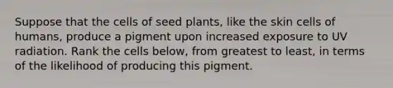 Suppose that the cells of seed plants, like the skin cells of humans, produce a pigment upon increased exposure to UV radiation. Rank the cells below, from greatest to least, in terms of the likelihood of producing this pigment.