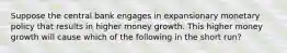 Suppose the central bank engages in expansionary monetary policy that results in higher money growth. This higher money growth will cause which of the following in the short run?