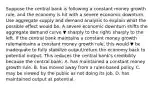 Suppose the central bank is following a constant money growth​ rule, and the economy is hit with a severe economic downturn. Use aggregate supply and demand analysis to explain what the possible effect would be. A severe economic downturn shifts the aggregate demand curve ▼ sharply to the right/ sharply to the left. If the central bank maintains a constant money growth rulemaintains a constant money growth rule​, this would ▼ be inadequate to fully stabilize output/return the economy back to potential output. This reduces the central​ bank's credibility because the central​ bank: A. has maintained a constant money growth rule. B. has moved away from a rules-based policy. C. may be viewed by the public as not doing its job. D. has maintained output at potential.