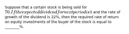 Suppose that a certain stock is being sold for ​70. If the expected dividend for next period is ​3 and the rate of growth of the dividend is 22%, then the required rate of return on equity investments of the buyer of the stock is equal to ________%.