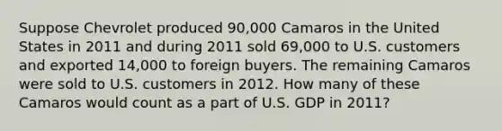 Suppose Chevrolet produced 90,000 Camaros in the United States in 2011 and during 2011 sold 69,000 to U.S. customers and exported 14,000 to foreign buyers. The remaining Camaros were sold to U.S. customers in 2012. How many of these Camaros would count as a part of U.S. GDP in 2011?