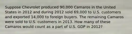 Suppose Chevrolet produced​ 90,000 Camaros in the United States in 2012 and during 2012 sold​ 69,000 to U.S. customers and exported​ 14,000 to foreign buyers. The remaining Camaros were sold to U.S. customers in 2013. How many of these Camaros would count as a part of U.S. GDP in​ 2012?