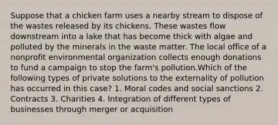 Suppose that a chicken farm uses a nearby stream to dispose of the wastes released by its chickens. These wastes flow downstream into a lake that has become thick with algae and polluted by the minerals in the waste matter. The local office of a nonprofit environmental organization collects enough donations to fund a campaign to stop the farm's pollution.Which of the following types of private solutions to the externality of pollution has occurred in this case? 1. Moral codes and social sanctions 2. Contracts 3. Charities 4. Integration of different types of businesses through merger or acquisition