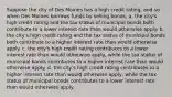 Suppose the city of Des Moines has a high credit rating, and so when Des Moines borrows funds by selling bonds, a. the city's high credit rating and the tax status of municipal bonds both contribute to a lower interest rate than would otherwise apply. b. the city's high credit rating and the tax status of municipal bonds both contribute to a higher interest rate than would otherwise apply. c. the city's high credit rating contributes to a lower interest rate than would otherwise apply, while the tax status of municipal bonds contributes to a higher interest rate than would otherwise apply. d. the city's high credit rating contributes to a higher interest rate than would otherwise apply, while the tax status of municipal bonds contributes to a lower interest rate than would otherwise apply.