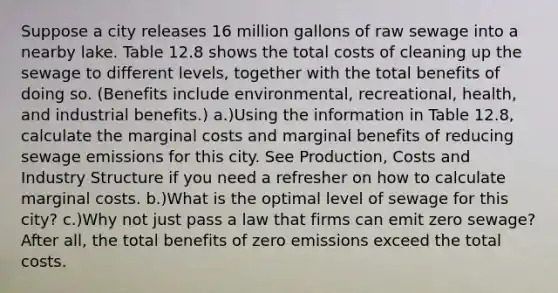 Suppose a city releases 16 million gallons of raw sewage into a nearby lake. Table 12.8 shows the total costs of cleaning up the sewage to different levels, together with the total benefits of doing so. (Benefits include environmental, recreational, health, and industrial benefits.) a.)Using the information in Table 12.8, calculate the marginal costs and marginal benefits of reducing sewage emissions for this city. See Production, Costs and Industry Structure if you need a refresher on how to calculate marginal costs. b.)What is the optimal level of sewage for this city? c.)Why not just pass a law that firms can emit zero sewage? After all, the total benefits of zero emissions exceed the total costs.