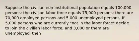 Suppose the civilian non-institutional population equals 100,000 persons; the civilian labor force equals 75,000 persons; there are 70,000 employed persons and 5,000 unemployed persons. If 5,000 persons who are currently "not in the labor force" decide to join the civilian labor force, and 3,000 or them are unemployed, then