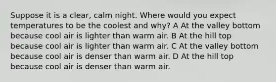 Suppose it is a clear, calm night. Where would you expect temperatures to be the coolest and why? A At the valley bottom because cool air is lighter than warm air. B At the hill top because cool air is lighter than warm air. C At the valley bottom because cool air is denser than warm air. D At the hill top because cool air is denser than warm air.