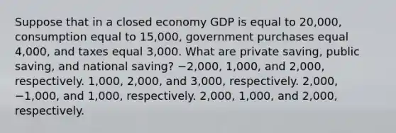 Suppose that in a closed economy GDP is equal to 20,000, consumption equal to 15,000, government purchases equal 4,000, and taxes equal 3,000. What are private saving, public saving, and national saving? −2,000, 1,000, and 2,000, respectively. 1,000, 2,000, and 3,000, respectively. 2,000, −1,000, and 1,000, respectively. 2,000, 1,000, and 2,000, respectively.