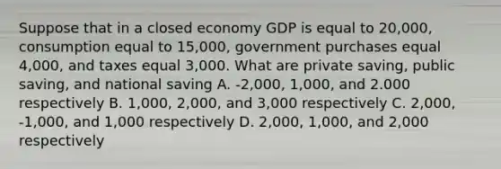 Suppose that in a closed economy GDP is equal to 20,000, consumption equal to 15,000, government purchases equal 4,000, and taxes equal 3,000. What are private saving, public saving, and national saving A. -2,000, 1,000, and 2.000 respectively B. 1,000, 2,000, and 3,000 respectively C. 2,000, -1,000, and 1,000 respectively D. 2,000, 1,000, and 2,000 respectively