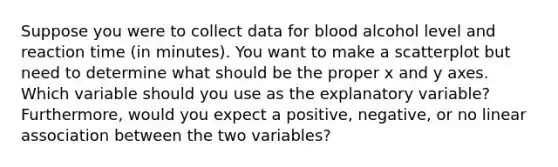 Suppose you were to collect data for blood alcohol level and reaction time (in minutes). You want to make a scatterplot but need to determine what should be the proper x and y axes. Which variable should you use as the explanatory variable? Furthermore, would you expect a positive, negative, or no linear association between the two variables?