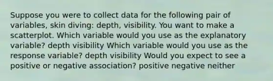 Suppose you were to collect data for the following pair of variables, skin diving: depth, visibility. You want to make a scatterplot. Which variable would you use as the explanatory variable? depth visibility Which variable would you use as the response variable? depth visibility Would you expect to see a positive or negative association? positive negative neither