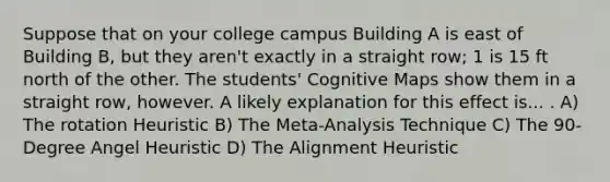 Suppose that on your college campus Building A is east of Building B, but they aren't exactly in a straight row; 1 is 15 ft north of the other. The students' Cognitive Maps show them in a straight row, however. A likely explanation for this effect is... . A) The rotation Heuristic B) The Meta-Analysis Technique C) The 90-Degree Angel Heuristic D) The Alignment Heuristic