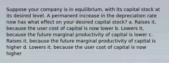 Suppose your company is in equilibrium, with its capital stock at its desired level. A permanent increase in the depreciation rate now has what effect on your desired capital stock? a. Raises it, because the user cost of capital is now lower b. Lowers it, because the future marginal productivity of capital is lower c. Raises it, because the future marginal productivity of capital is higher d. Lowers it, because the user cost of capital is now higher