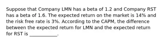 Suppose that Company LMN has a beta of 1.2 and Company RST has a beta of 1.6. The expected return on the market is 14% and the risk free rate is 3%. According to the CAPM, the difference between the expected return for LMN and the expected return for RST is ____________.