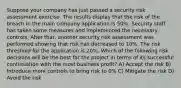 Suppose your company has just passed a security risk assessment exercise. The results display that the risk of the breach in the main company application is 50%. Security staff has taken some measures and implemented the necessary controls. After that, another security risk assessment was performed showing that risk has decreased to 10%. The risk threshold for the application is 20%. Which of the following risk decisions will be the best for the project in terms of its successful continuation with the most business profit? A) Accept the risk B) Introduce more controls to bring risk to 0% C) Mitigate the risk D) Avoid the risk